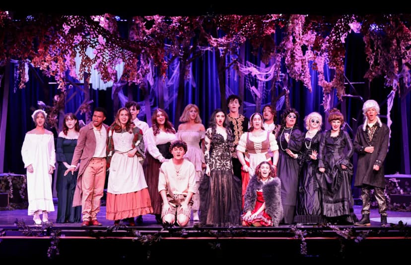 Full group cast from the students show into the woods. Student standing on the stage for the final photo. 